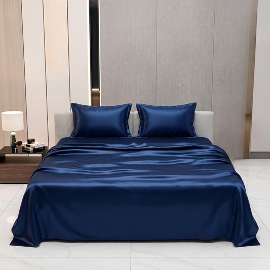 Navy Blue Satin Silk Bedsheet