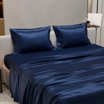 Navy Blue Satin Silk Bedsheet